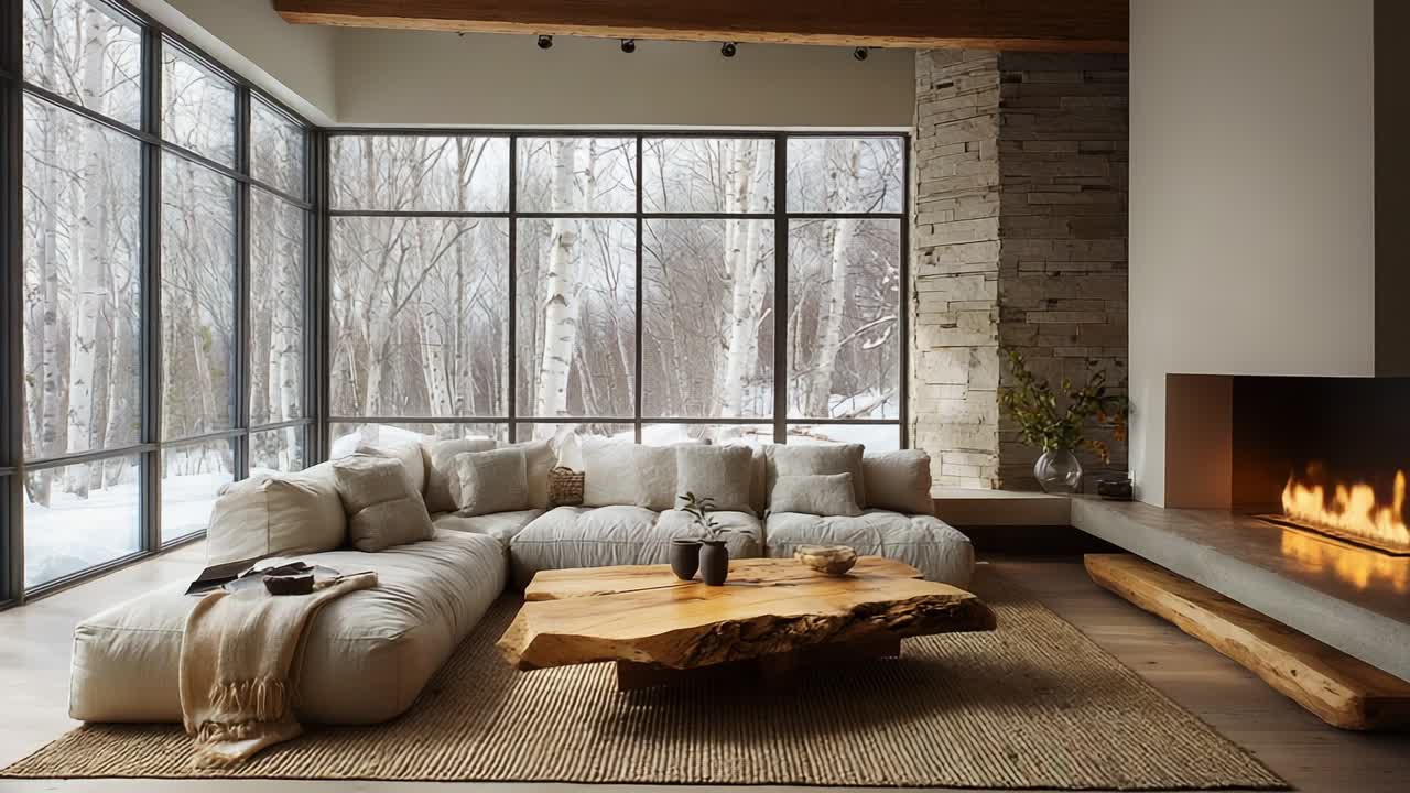 Cozy Modern Living Room with Expansive Windows Overlooking a Winter Landscape, Featuring a Large Sectional Sofa, a Unique Wooden Coffee Table, and a Warm Fireplace for Perfect Winter Relaxation