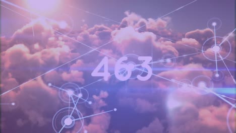 Animation-of-network-of-connections-with-numbers-over-clouds-in-background