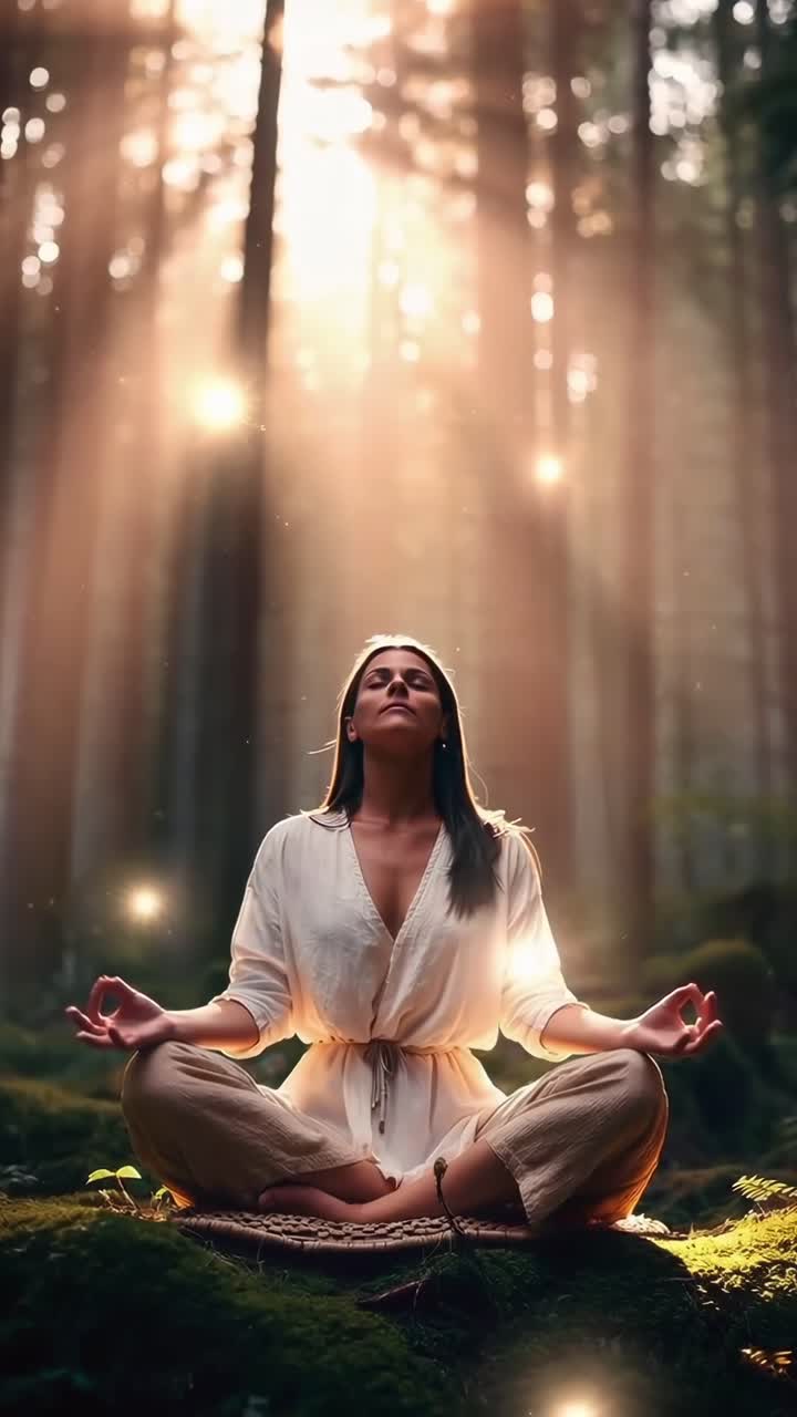 Video sereno de una mujer meditando en un bosque iluminado por el sol, capturado desde un ángulo bajo.