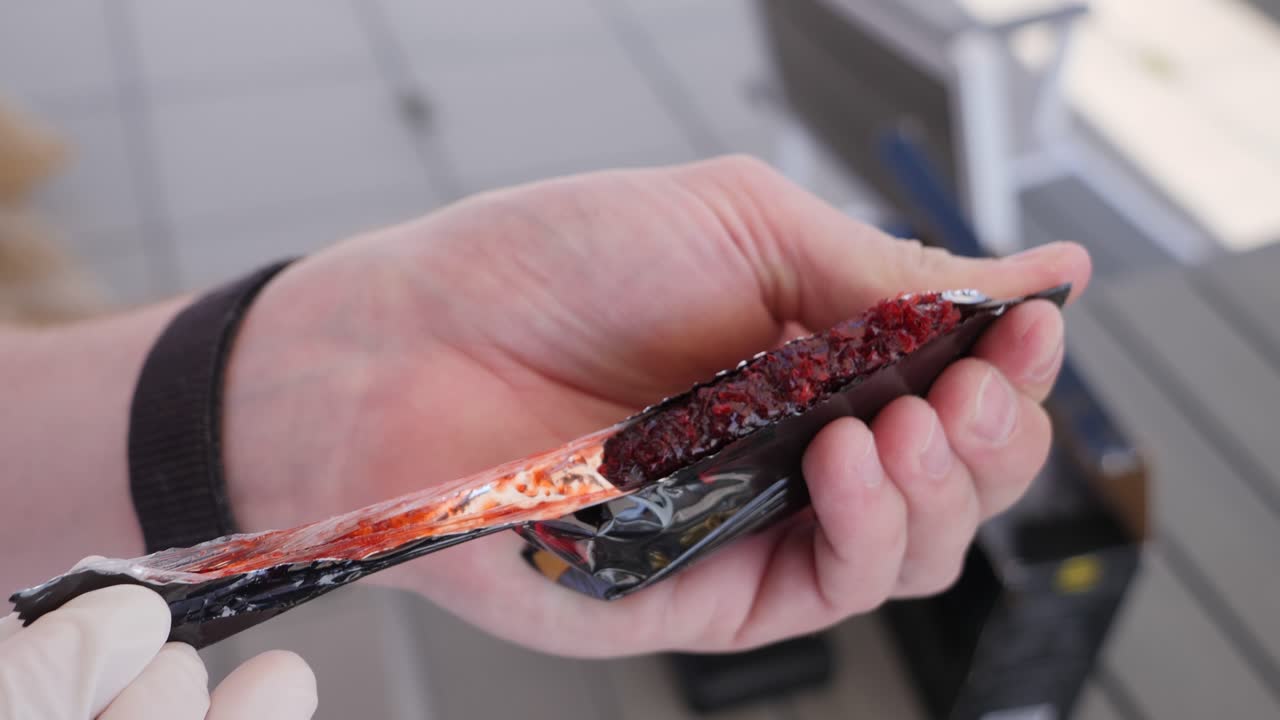 primer plano, hombre caucásico con guantes blancos abriendo un paquete de tabaco shisha