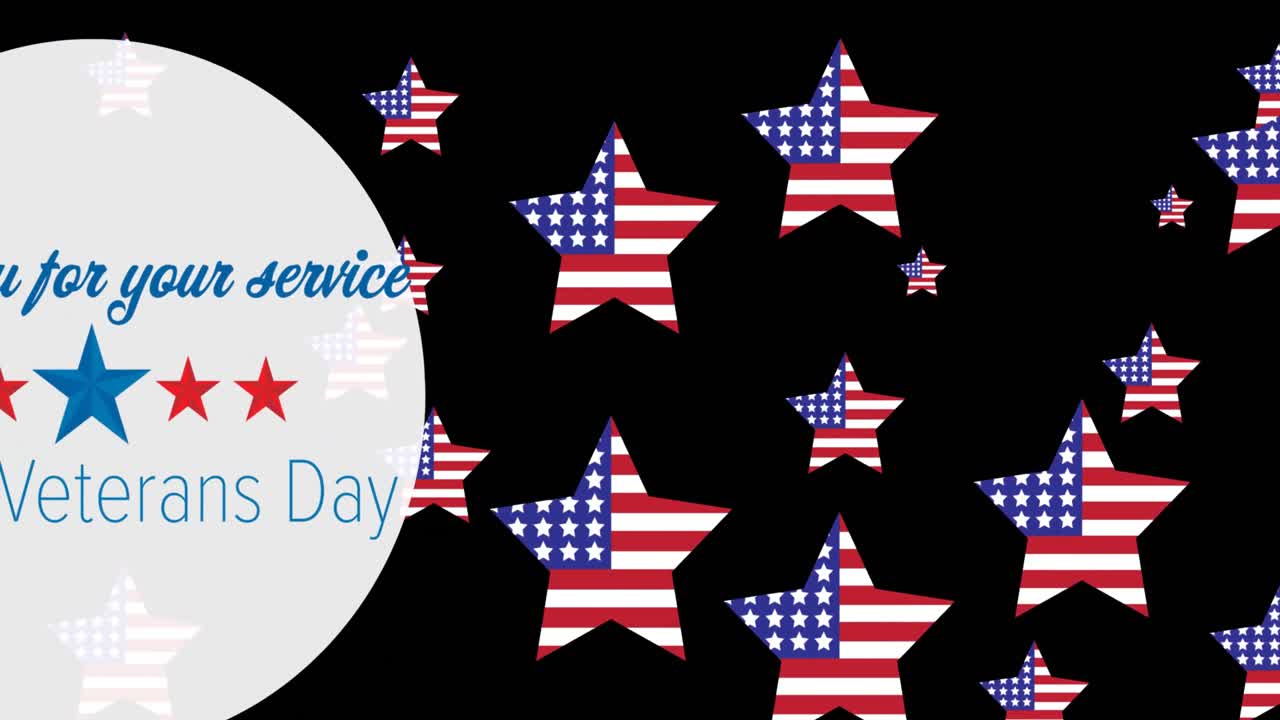 Animazione del testo "Veterans Day" e delle stelle della bandiera USA su sfondo scuro.
