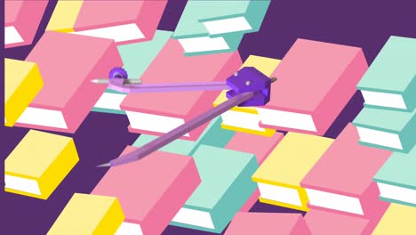 animación del dibujo de la brújula y los libros escolares sobre fondo púrpura