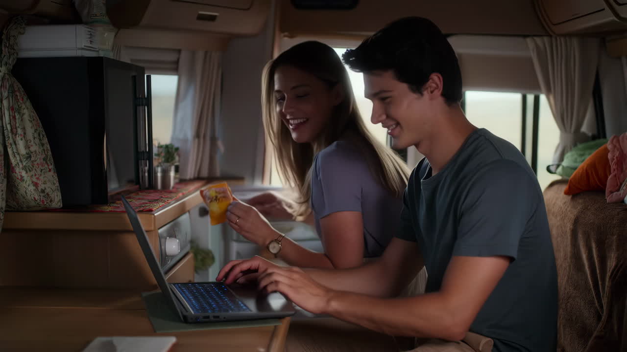 Couple working on a laptop in a van