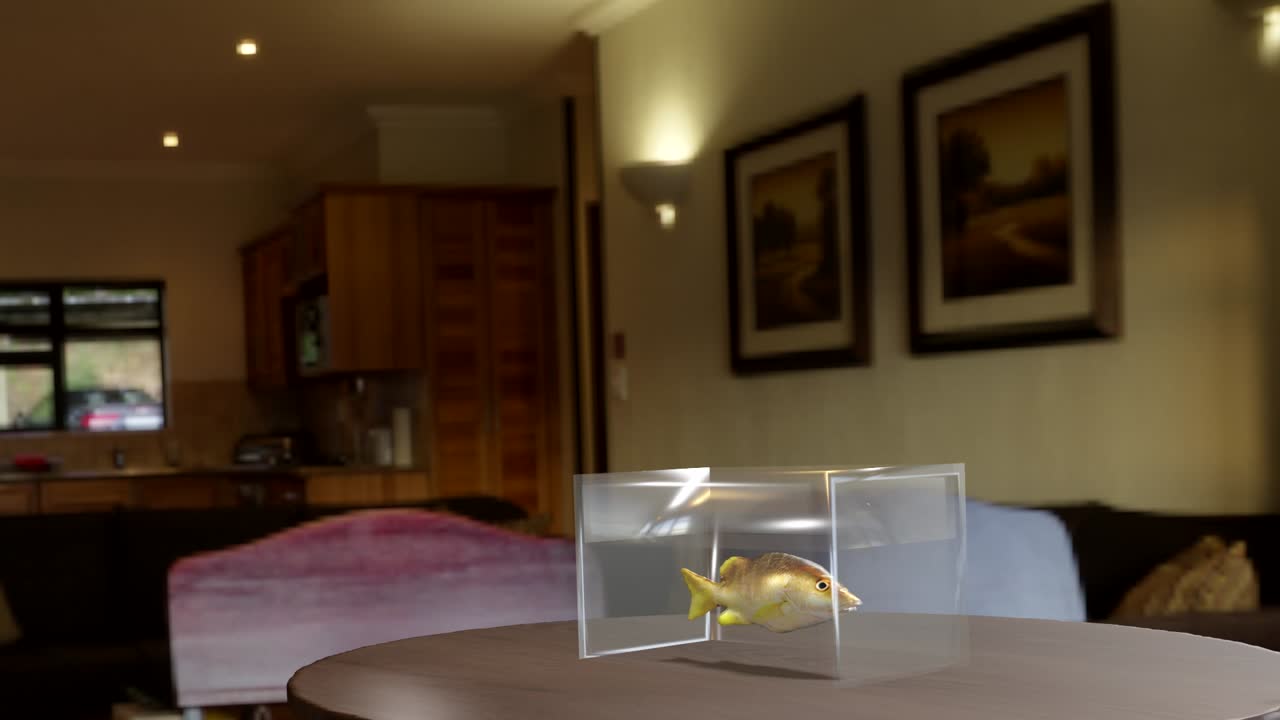 3d animation of a yellow fish in an aquarium in the living room.