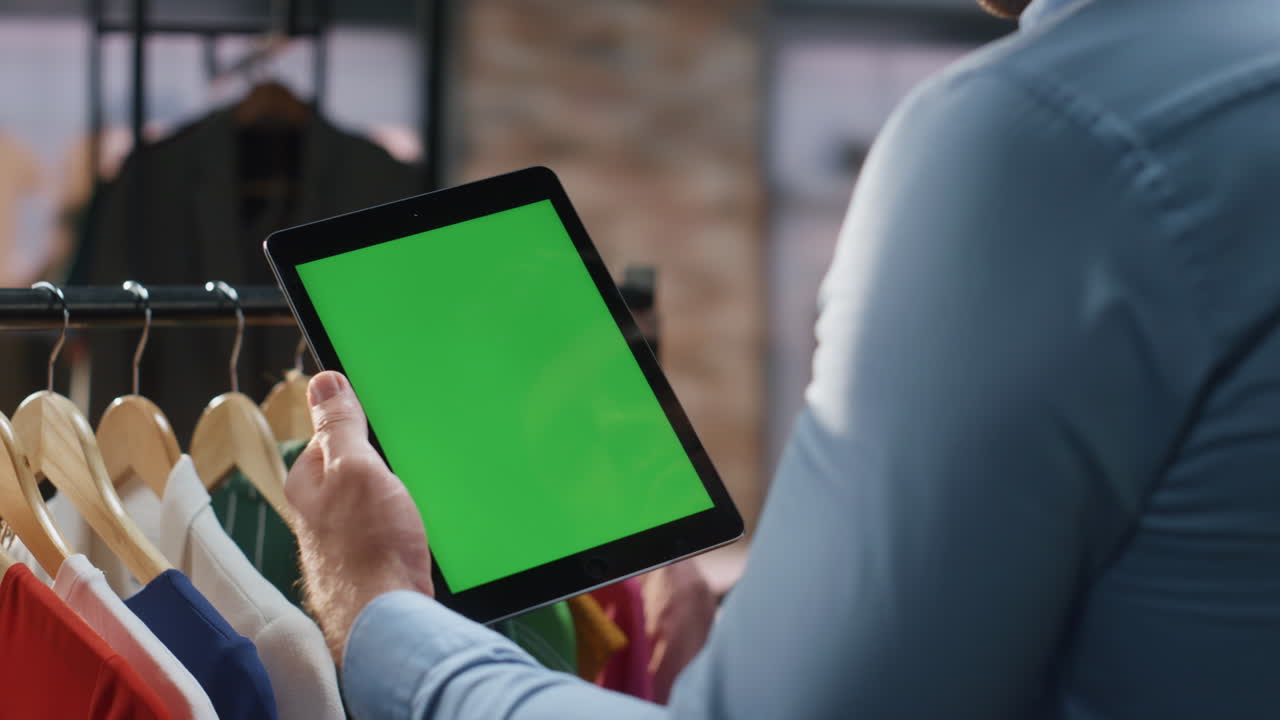 asistente de la tienda deslizando el modelo de la pestaña de la computadora en la tienda de moda de primer plano. hombre trabajando