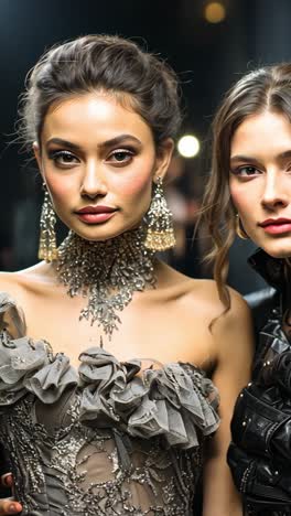 fashion models pose backstage in elaborate attire during a show