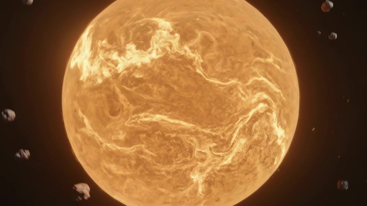 Roterende oranje bol met veranderende gloed in de ruimte, grote asteroïde komt rechts de baan binnen en verbergt het oppervlak.