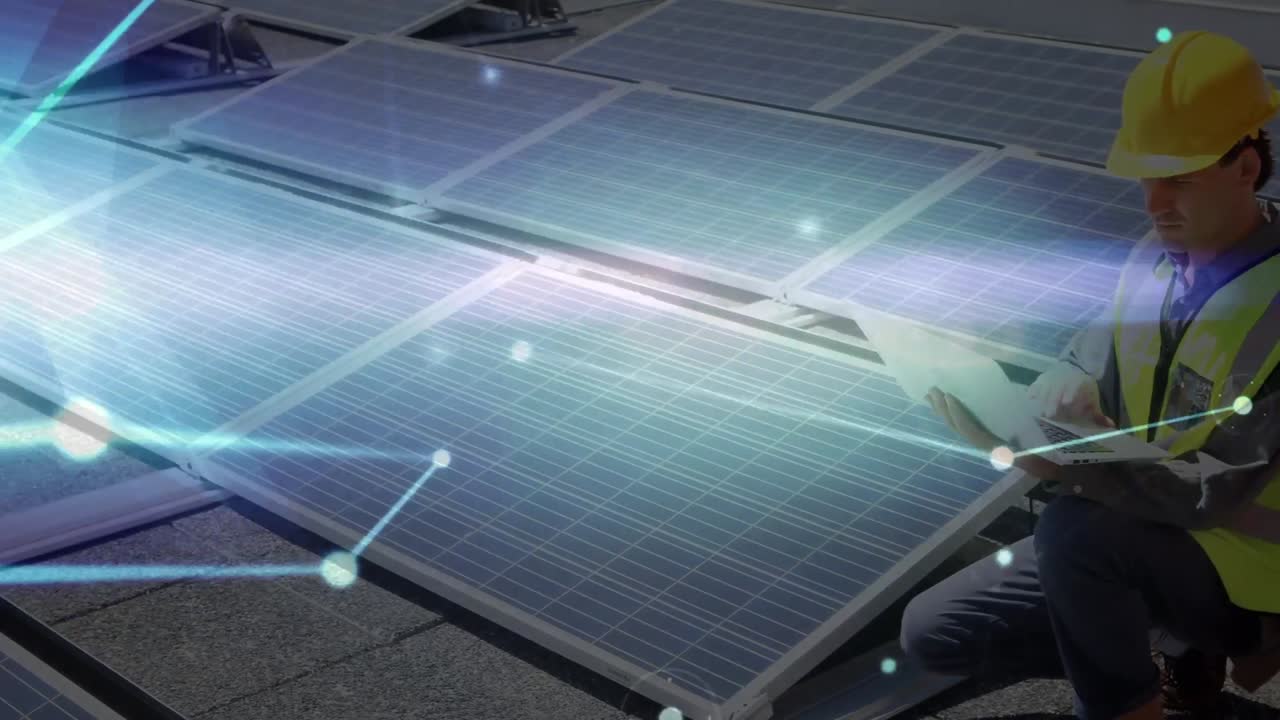 태양 전지 패널과 백인 남성 엔지니어에 대한 연결 네트워크의 애니메이션