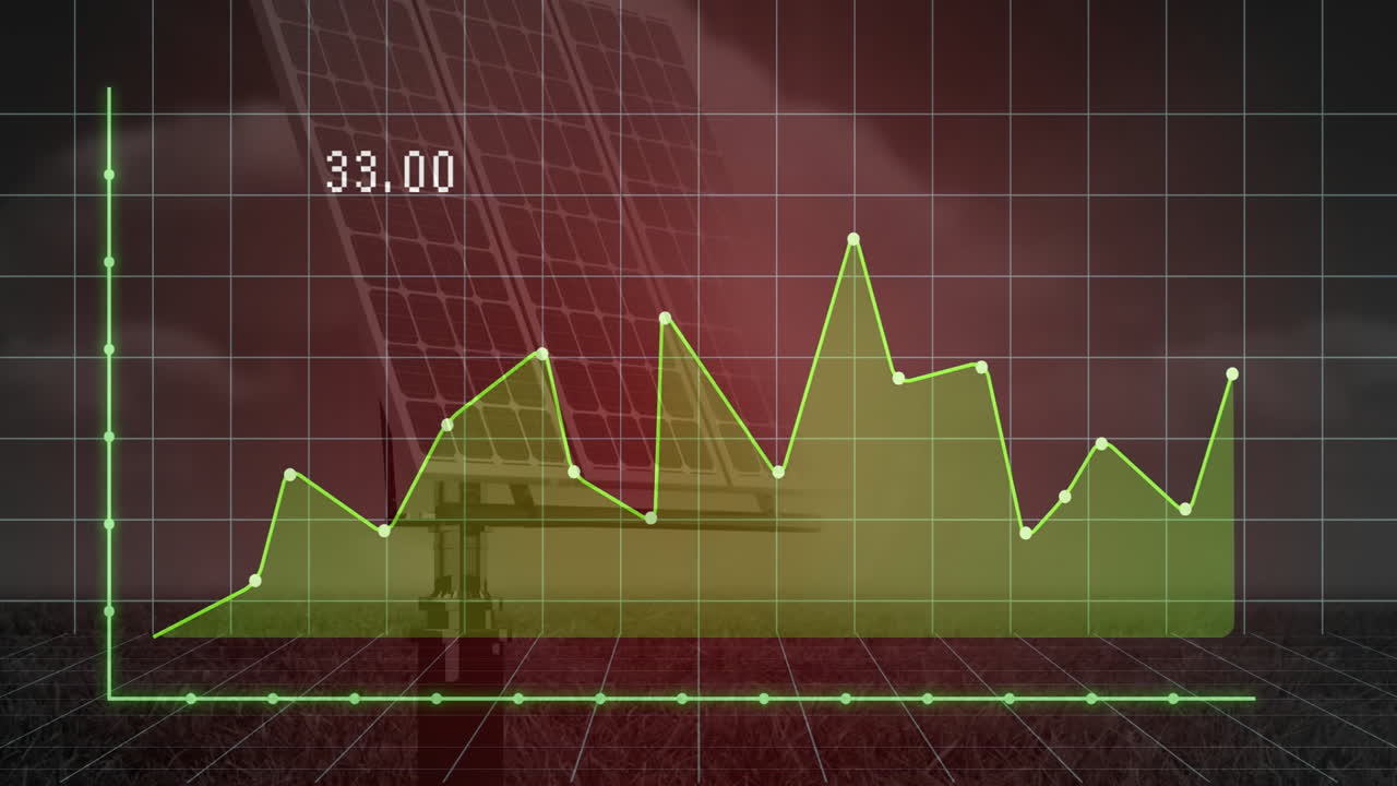 Animation of green line graph fluctuating over solar panel background in school