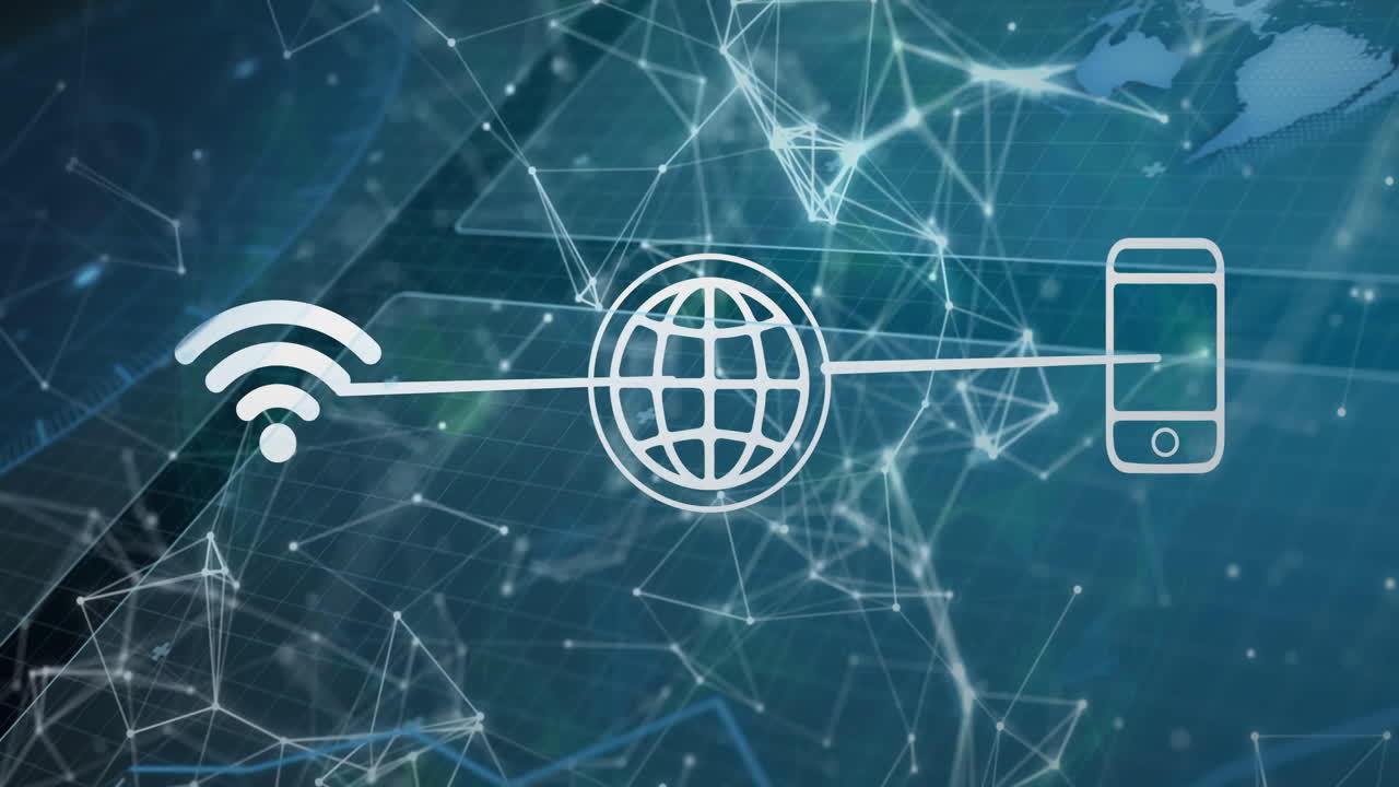 Smartphone connected to Wi-Fi symbol over digital network animation background