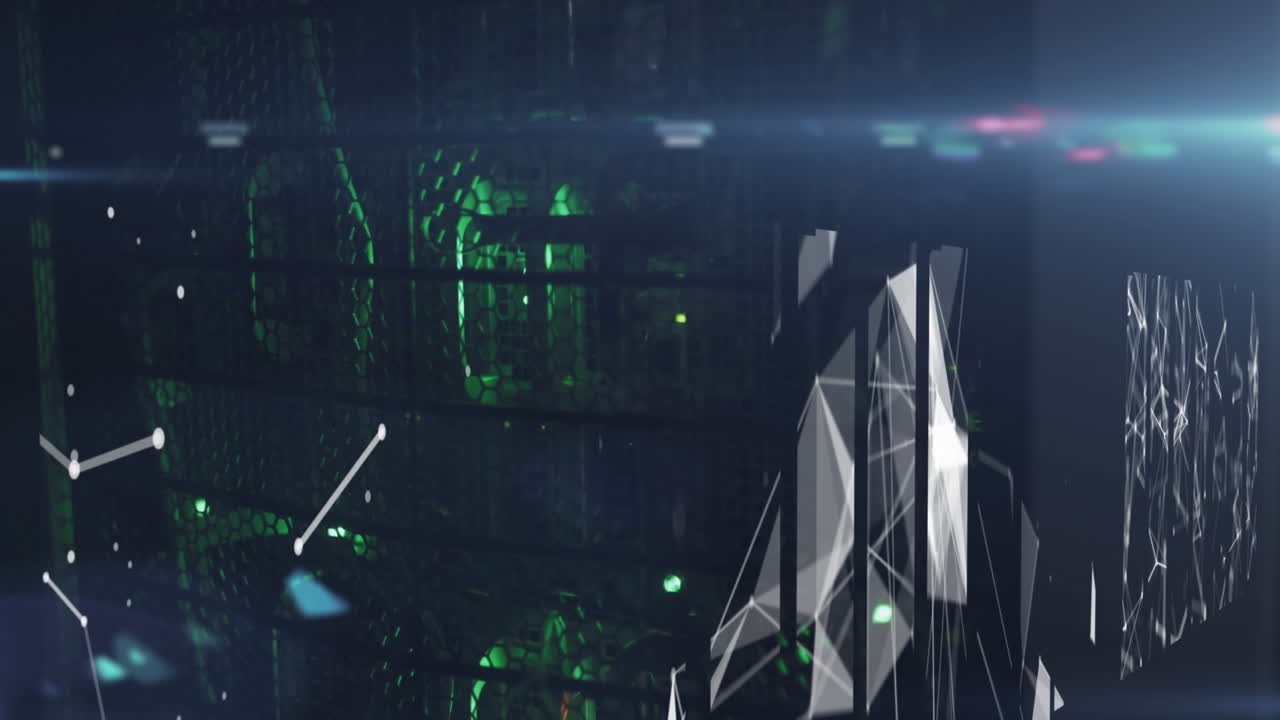Animation of networks of connections over green lights of computer servers