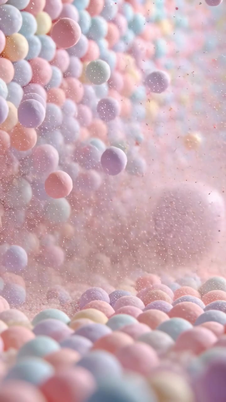 Video verticale: Grande sfera che rotola spinge parete di sfere pastello in una camera, sollevando polvere.