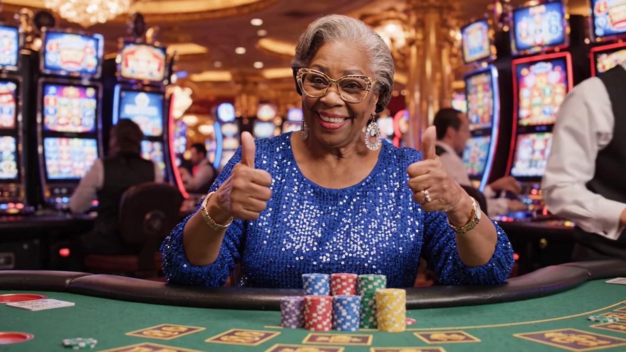 Mulher Idosa Alegre com Blusa Azul Brilhante Celebrando Suas Vitórias em uma Mesa de Cassino Cercada por Máquinas Caça-Níqueis Coloridas e Atmosfera Vibrante