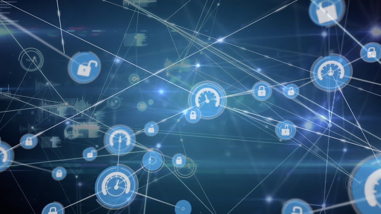 Animation of network of padlock and processing icons transferring data on dark background