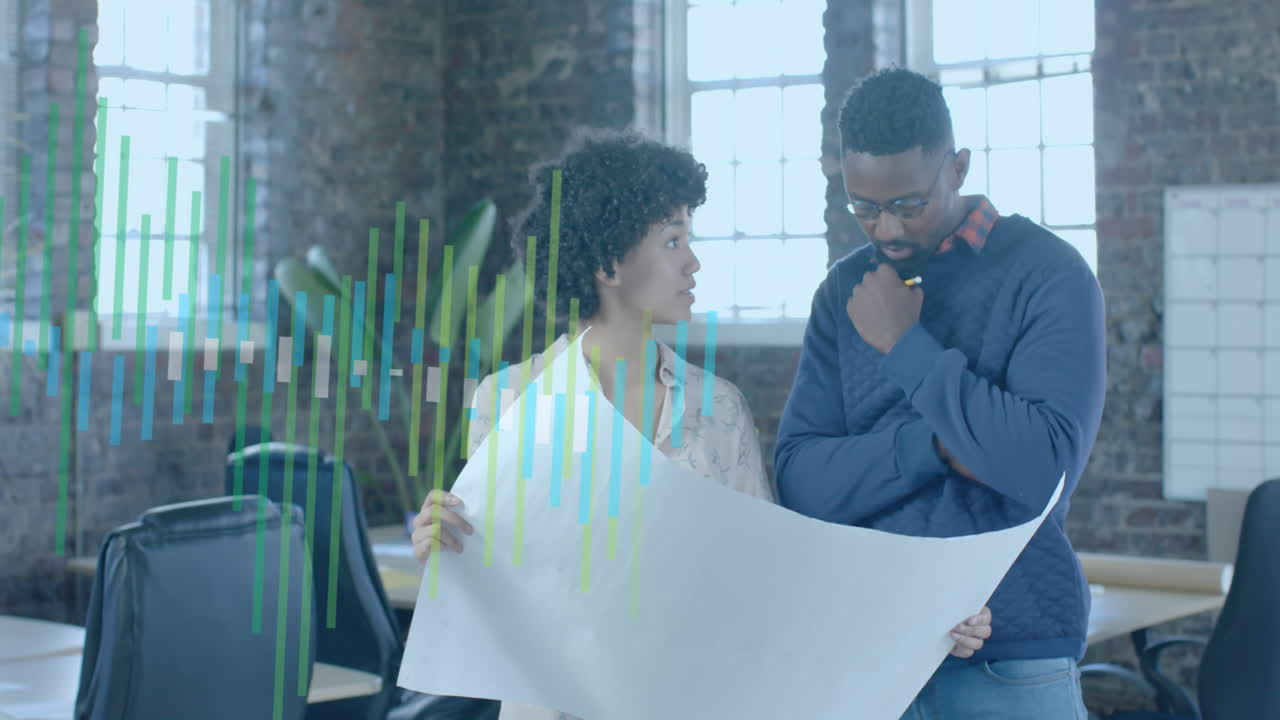 Animation of diagrams over diverse colleagues with blueprints in office