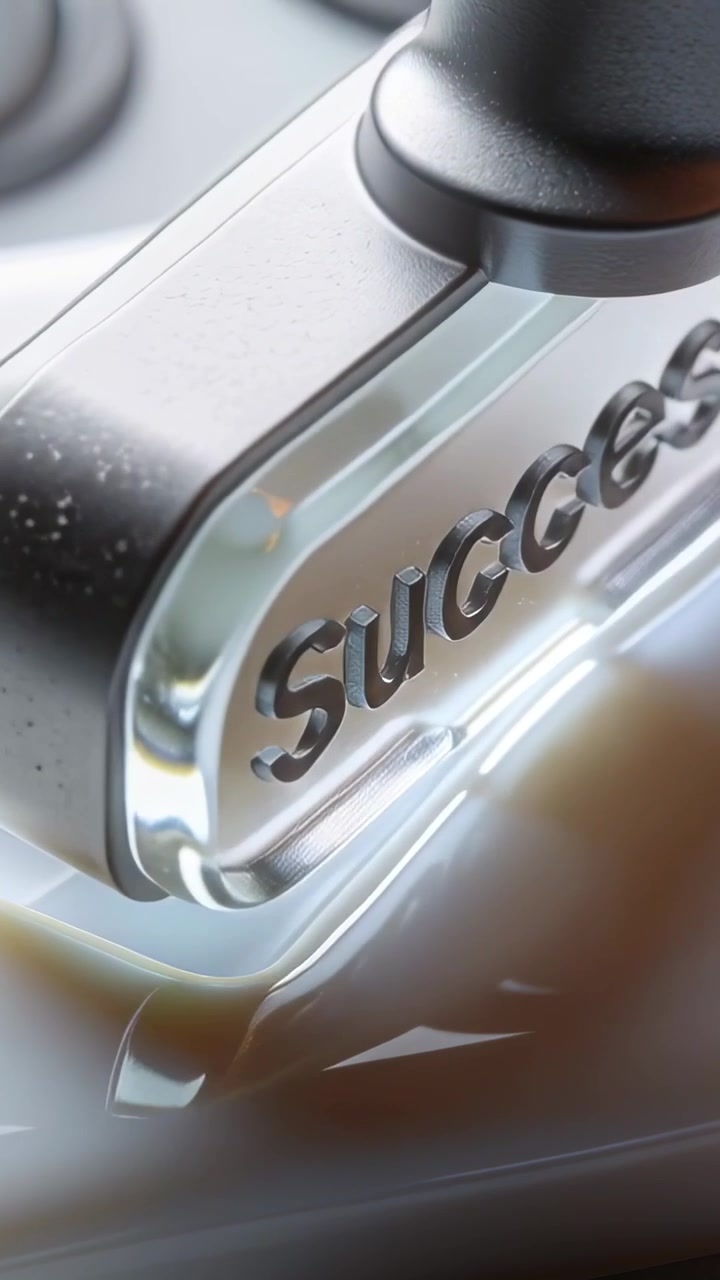Vertical video: Rotating metallic handle, clear stamp pressing onto studio tray, embossing Success