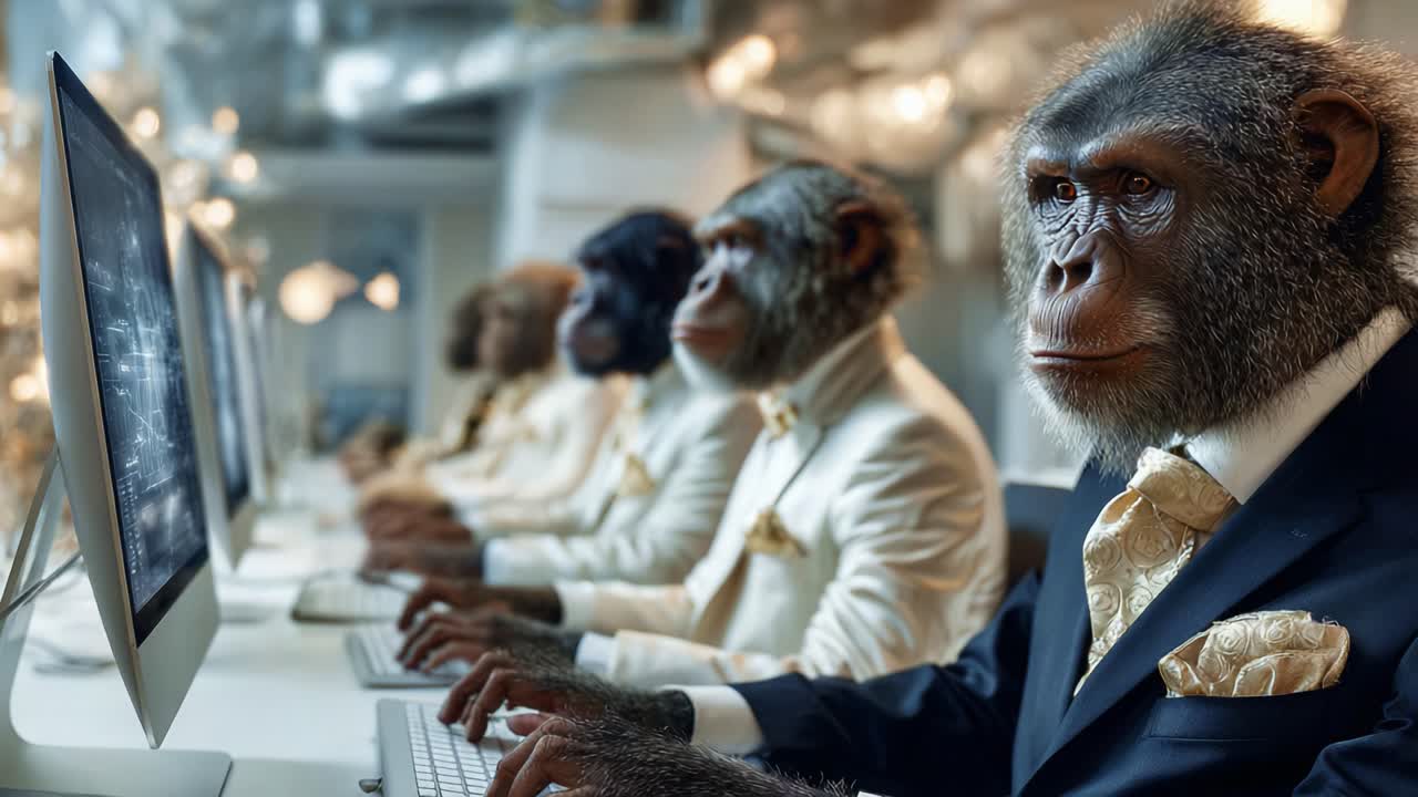A Surreal Scene Featuring Monkeys in Formal Attire Engaging with Computers, Emphasizing a Playful Yet Thought-Provoking Commentary on Technology and Society