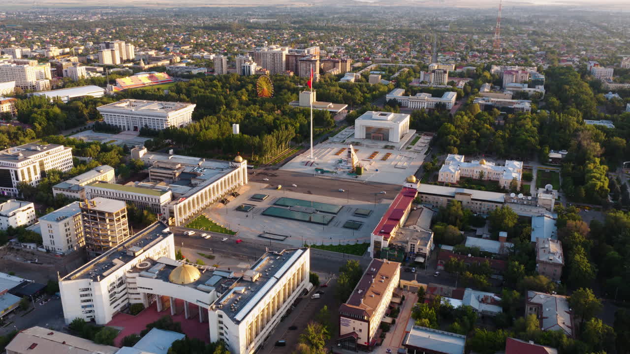Downtown Bishkek At Sunrise In Kyrgyzstan - Aerial Drone Shot