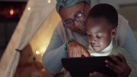 Home,-tablet-and-family-with-a-child-at-night