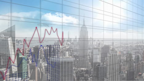 animation of financial data processing over cityscape