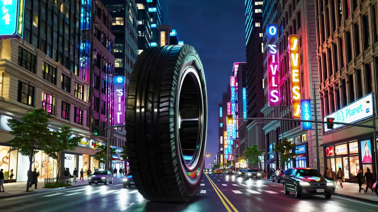 밤 에 도시 에서 거대 한 타이어