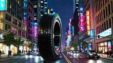 giant tire in a city at night