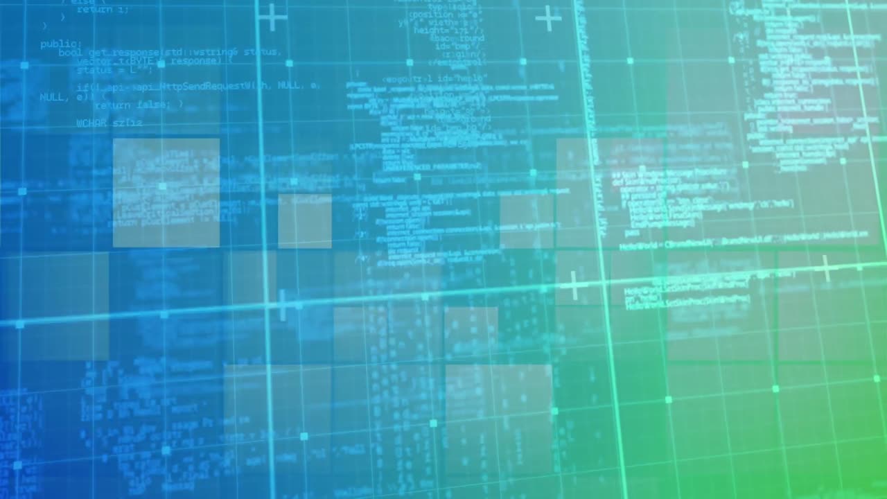 Animation of digital data processing over screens and grid background