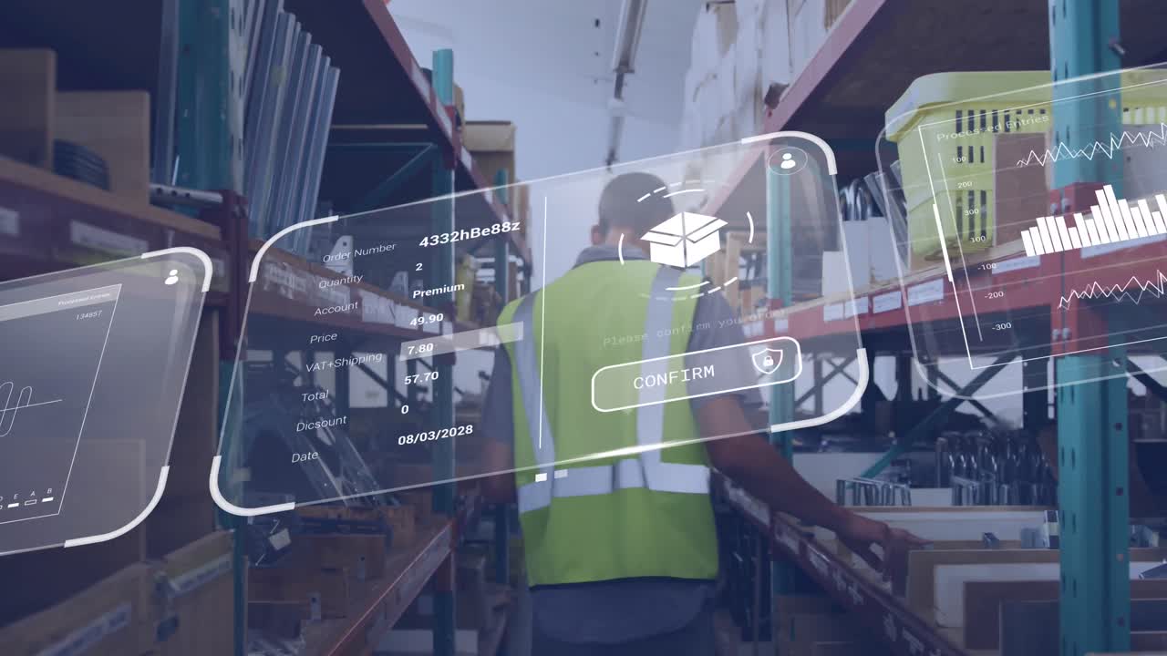 animación del procesamiento de datos en pantallas sobre un hombre caucásico que trabaja en un almacén