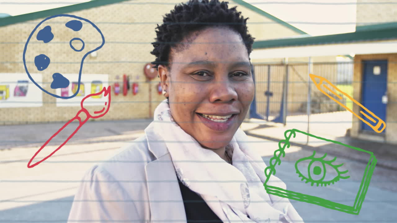 Animation of school items icons over biracial female teacher at school