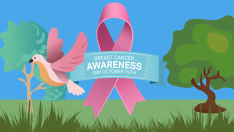 animation of pink ribbon logo and breast cancer text over trees and bird