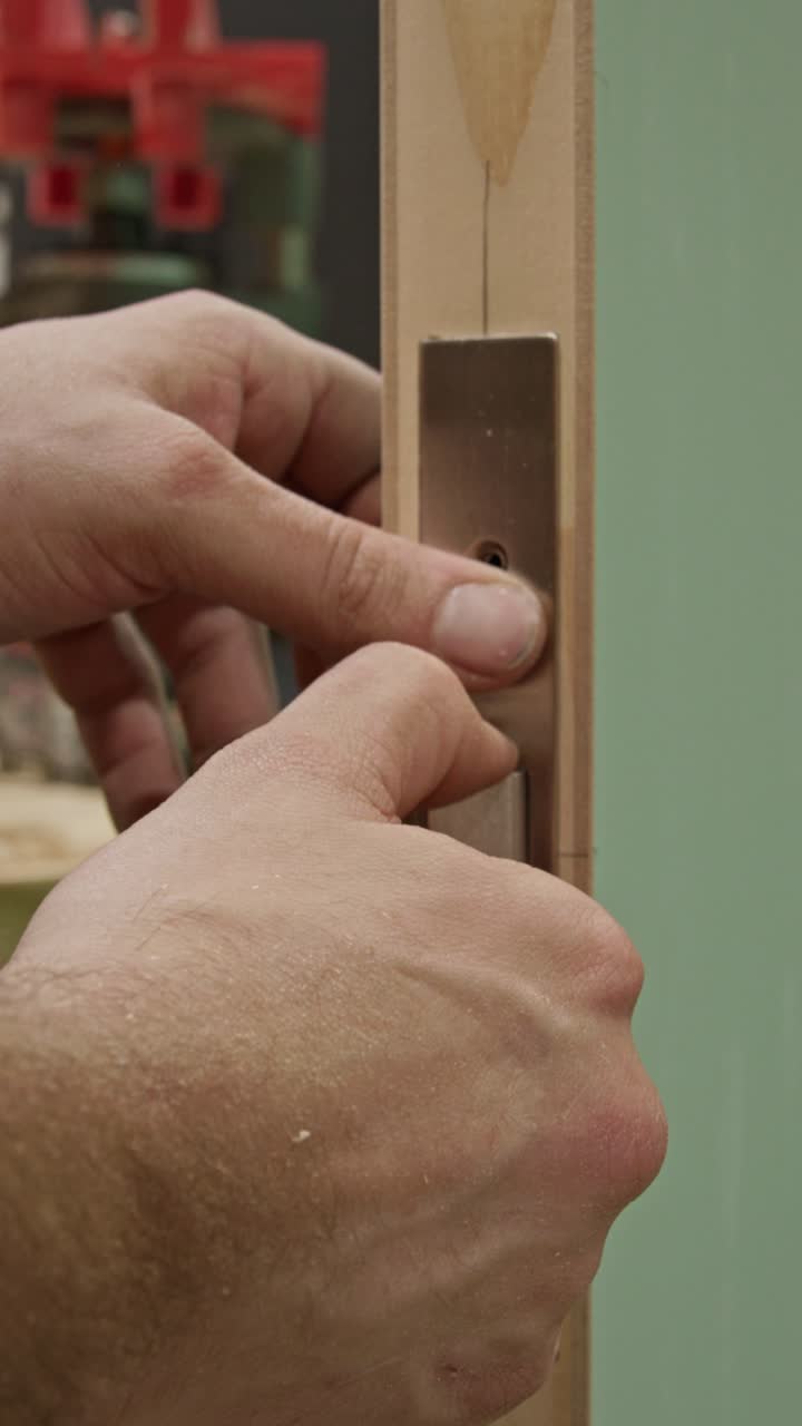 Close-up shot of a craftsman inserting a mortise lock mechanism into a precisely cut slot in a wooden door. The scene highlights detailed woodworking craftsmanship and careful alignment