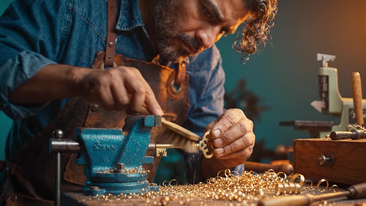 Craftsman Creating Intricate Key Designs in Workshop Surrounded by Golden Rings and Tools, Showcasing Metalworking Skills and Artistic Dedication.