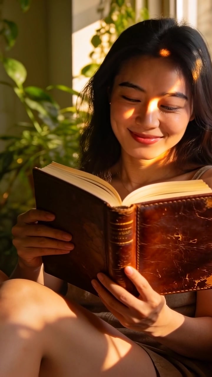 Video verticale: Donna che legge in canotta, tiene un libro di pelle, inseguendo la luce del sole in movimento a casa, piante
