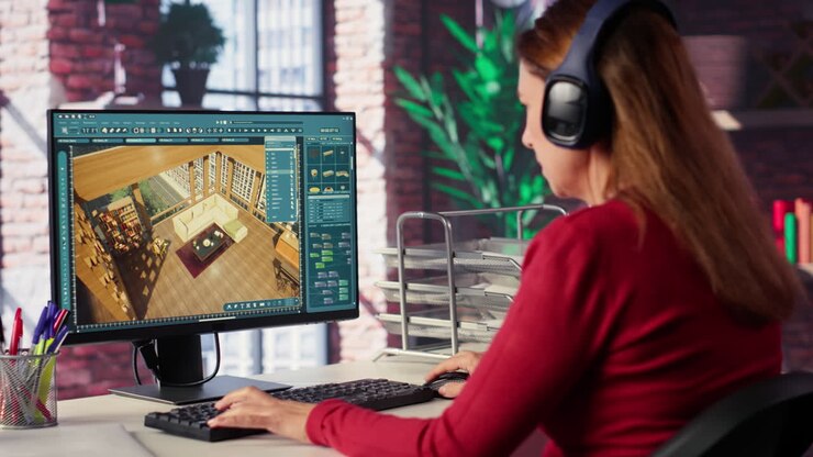 Donna che lavora al computer con un software di architettura