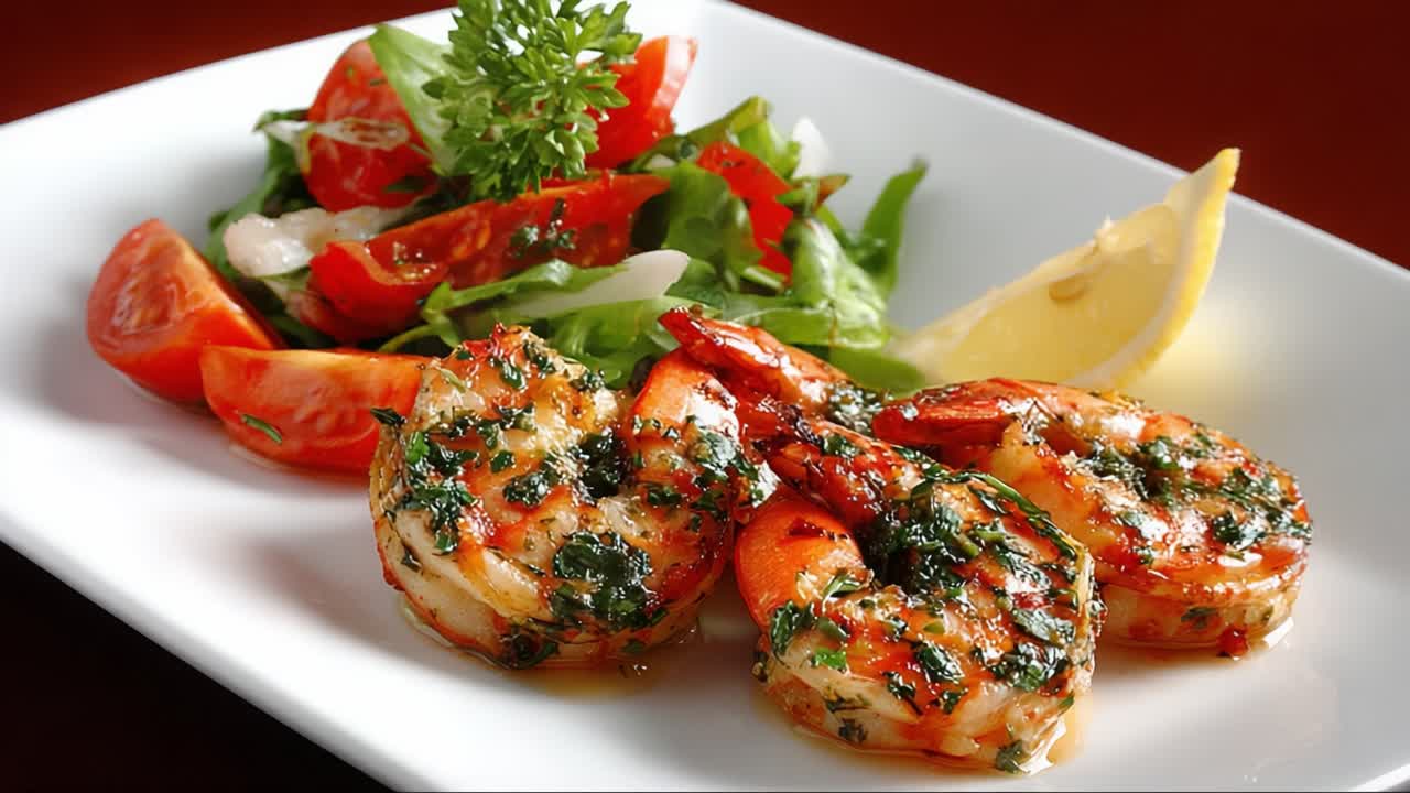 Deliciously Grilled Shrimp Platter with Fresh Vegetables and Lemon Garnish - A Perfect Meal for Seafood Lovers and Culinary Enthusiasts