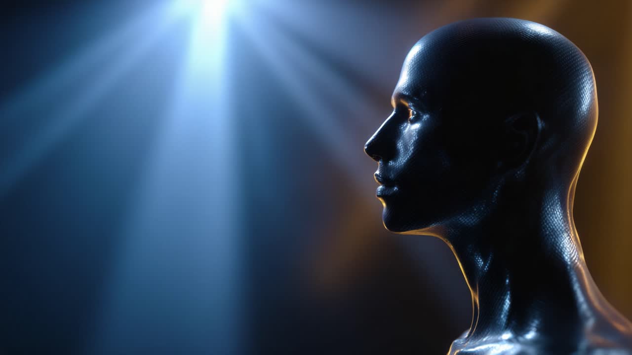 Futuristic humanoid figure illuminated by dramatic lighting, capturing the essence of artificial intelligence and advanced robotics in a surreal atmosphere