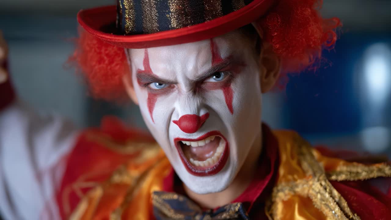 Intense Clown Faces the Camera with a Fierce Expression, Vibrant Costume Highlights the Duality of Fear and Performance in a Capture of Raw Emotion