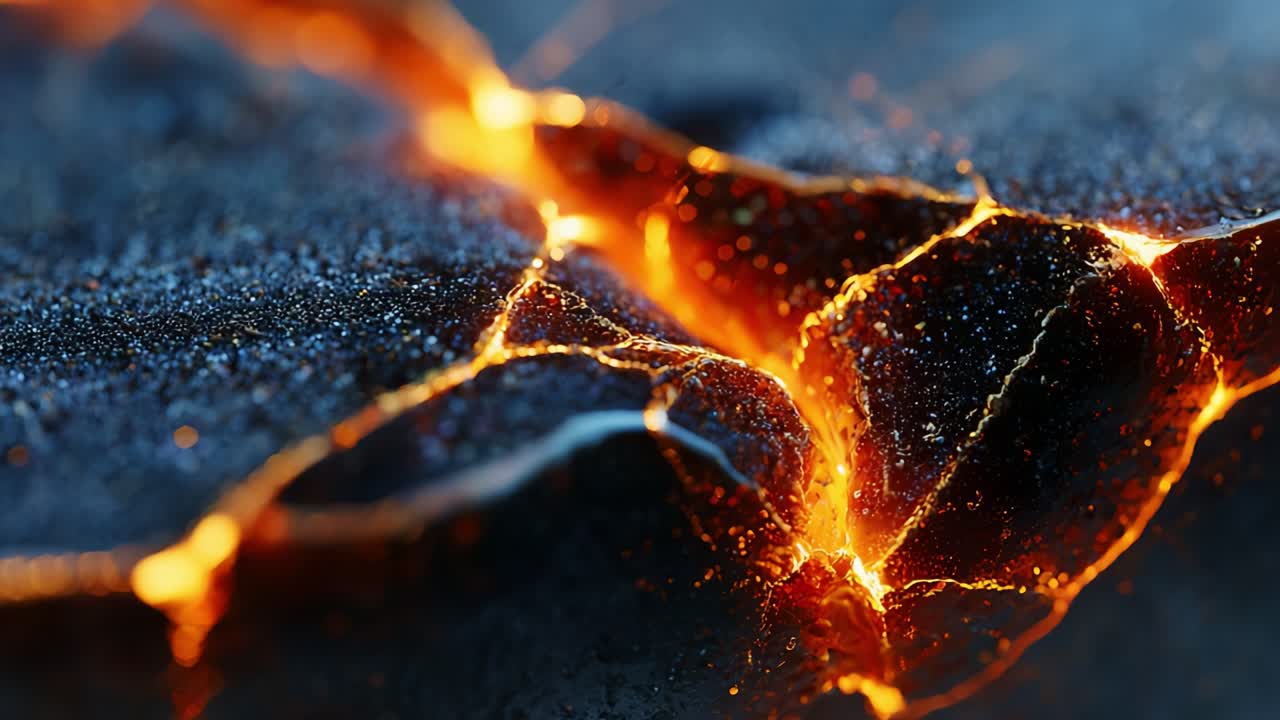 Una vista ravvicinata ipnotica cattura le texture dinamiche e i dettagli infuocati della lava fusa che scorre attraverso superfici rocciose fratturate, mettendo in mostra la potenza grezza dell'attività vulcanica.