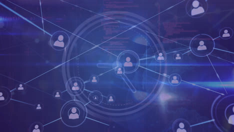 animation of network of profile icons and blue light trails over round scanner on blue background