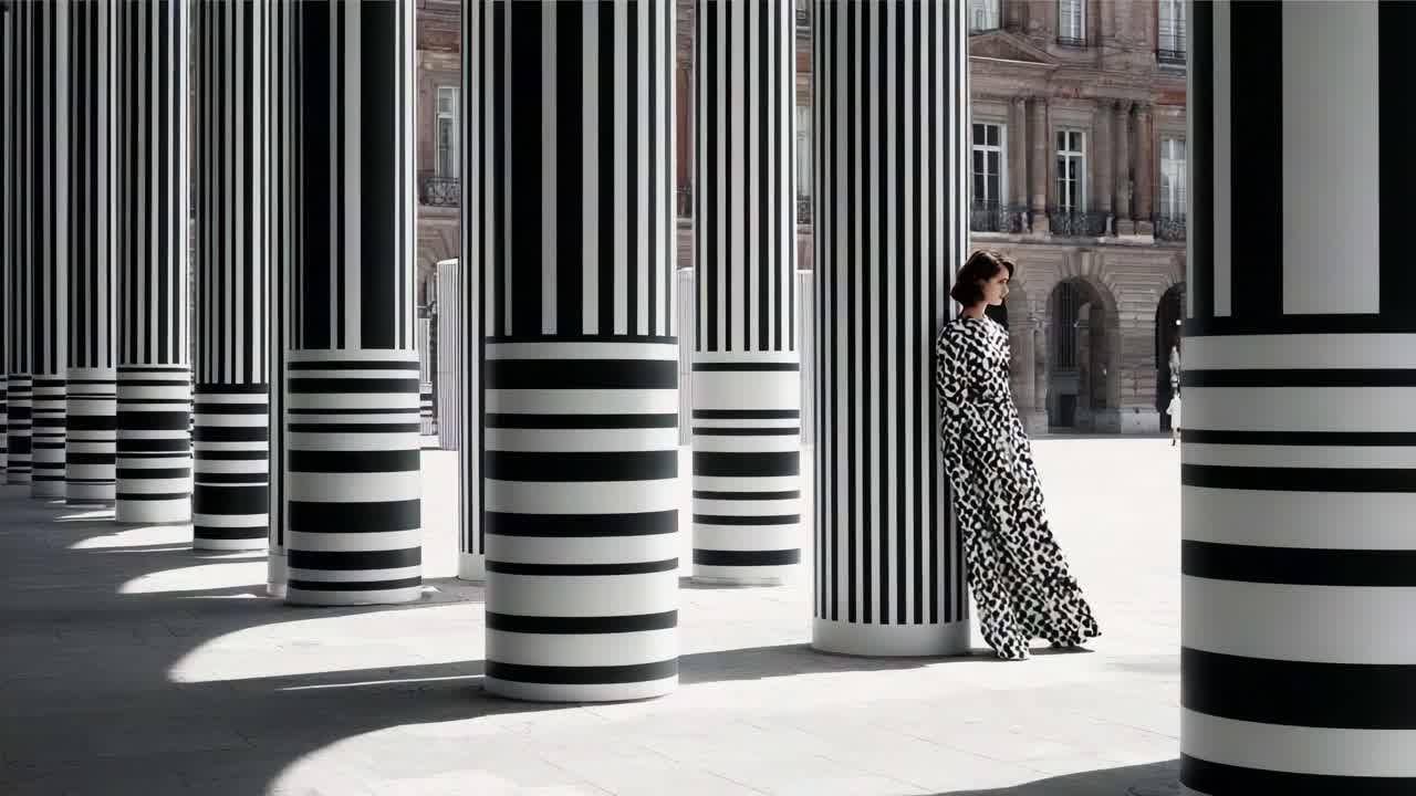 An Enigmatic Figure Amidst Striking Black and White Pillars: A Visual Exploration of Contrast and Style in a Fashion-Infused Architectural Space