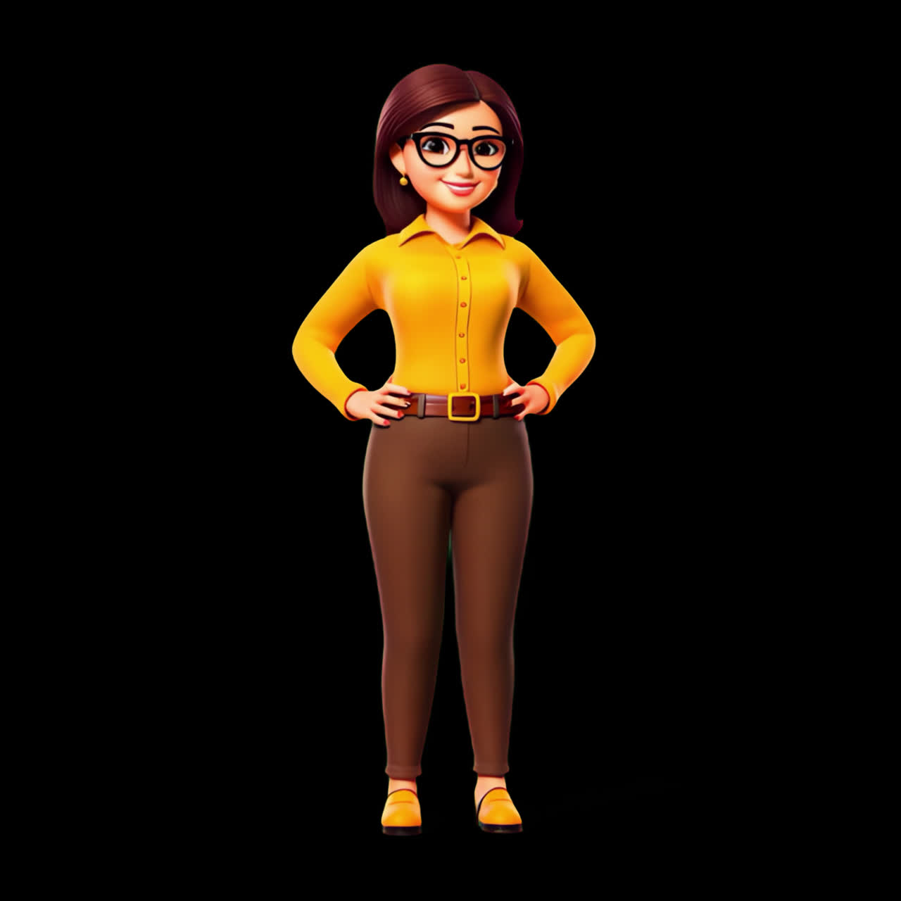 Woman in glasses 3d character animation isolated asset, transparent 4K video, alpha channel, ProRes