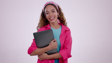 Face,-smile-and-woman-with-a-tablet