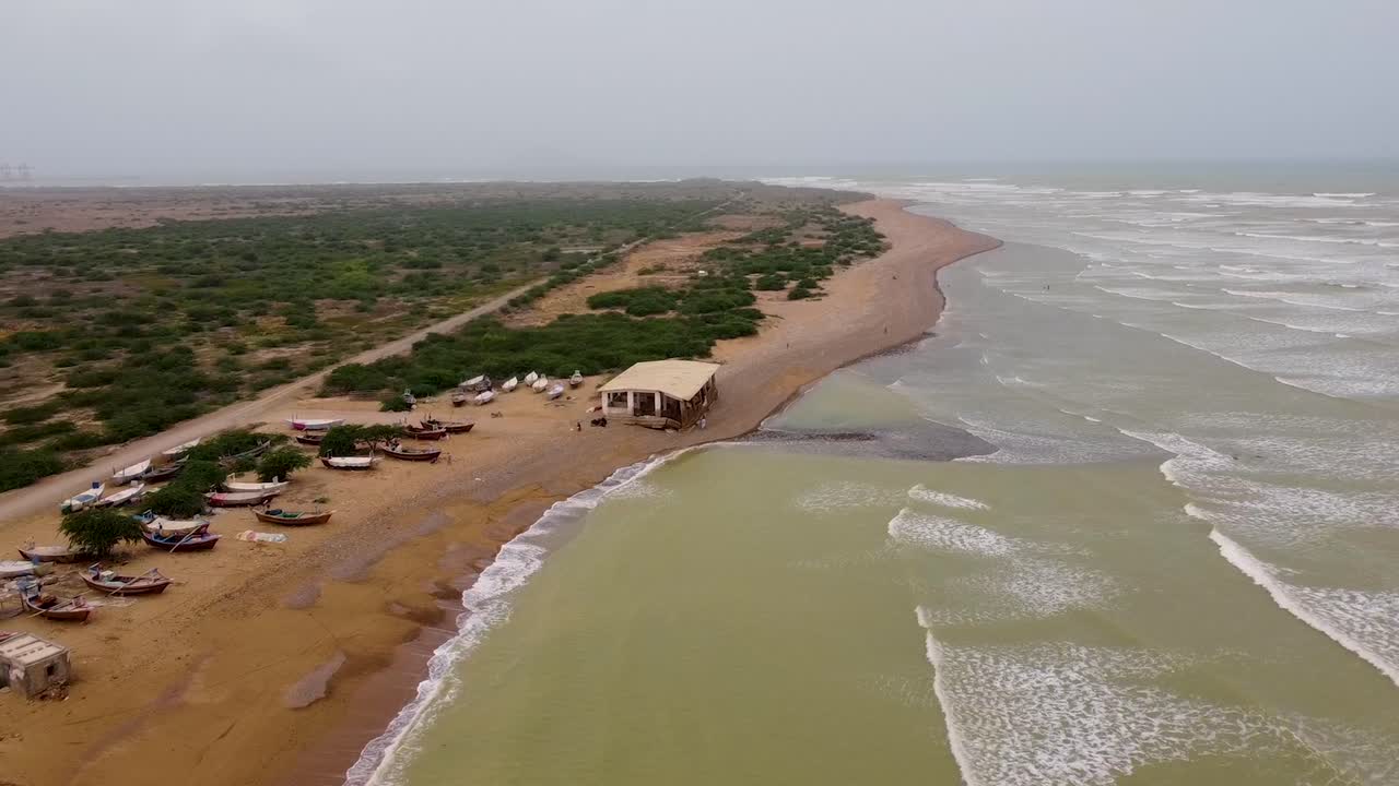 aerial coastal scene of Allana Gadoor Village Beach Teen Khaji in Sindh Pakistan