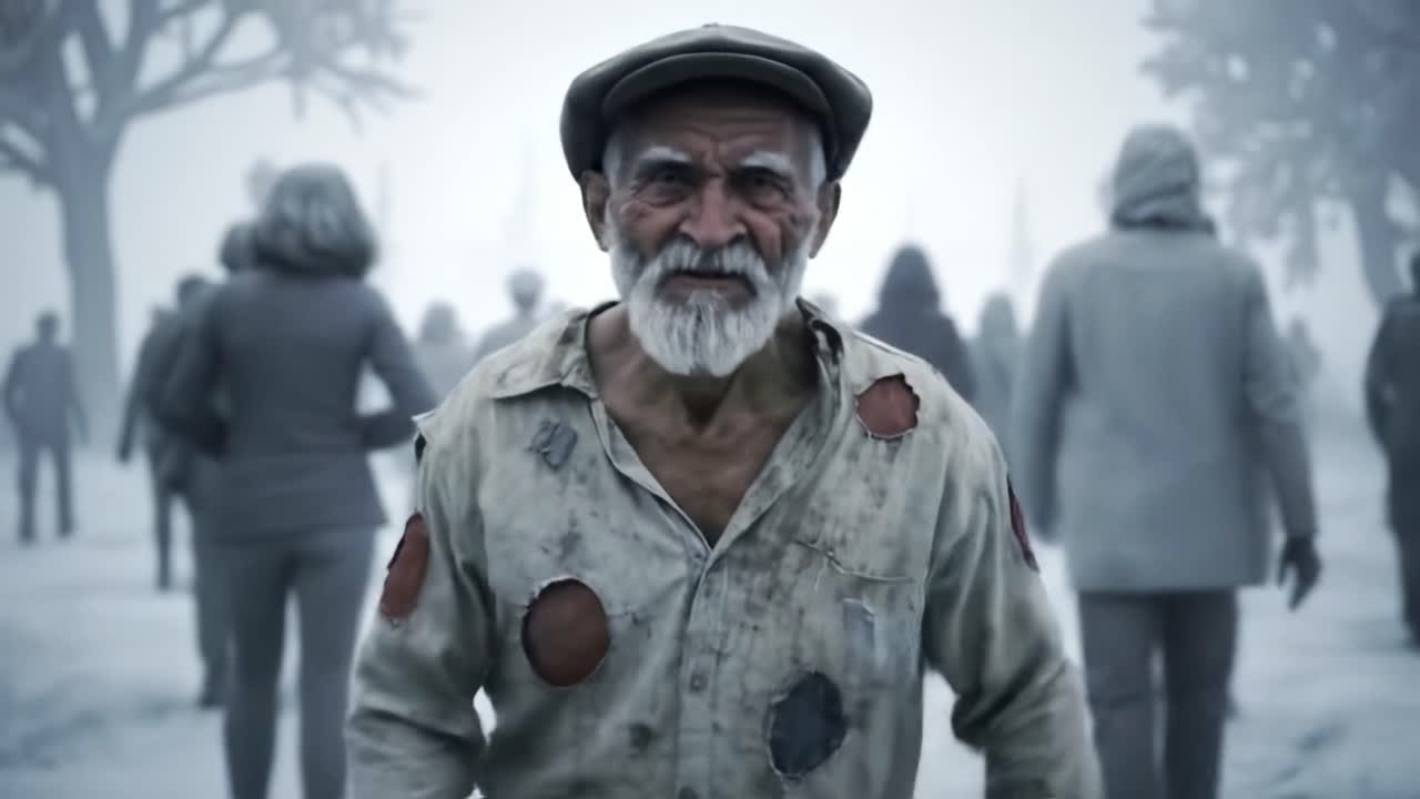 In a snowy, eerie setting, a man in ragged clothes runs towards the camera. A ghostly crowd of indistinct figures surrounds him, creating an atmosphere of urgency and desolation.