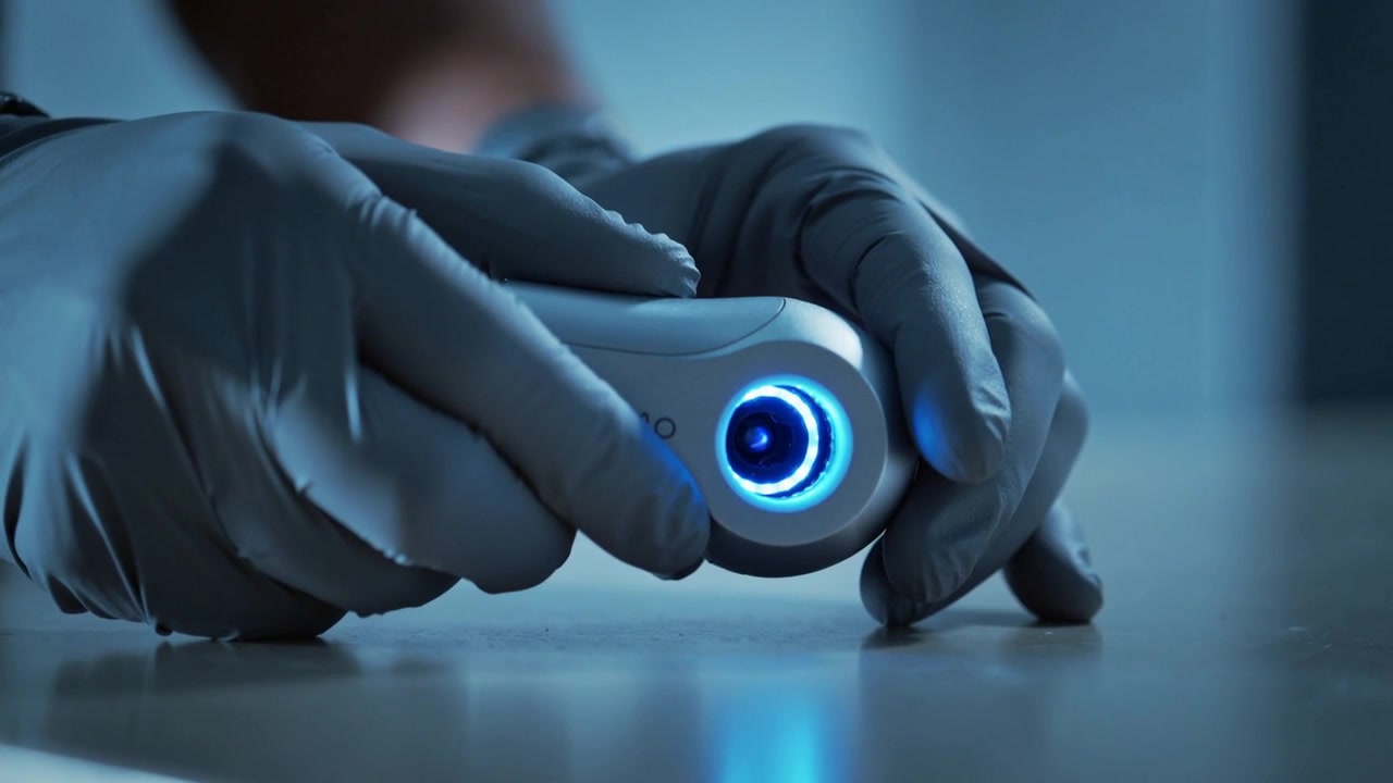 Mani guantate in nitrile che si avvicinano per fissare un sensore circolare con un anello blu illuminato sul banco di laboratorio per un test.