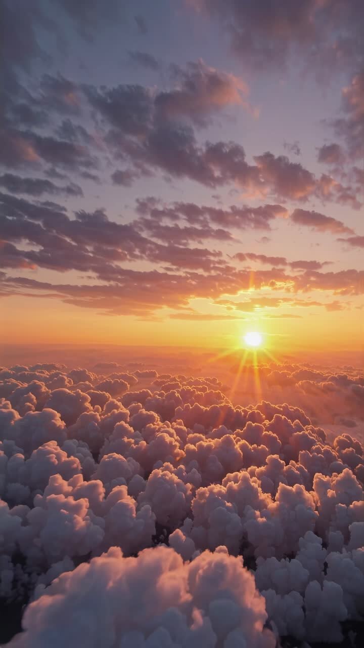Aerial video captures a breathtaking sunset over fluffy clouds, with warm hues and a serene