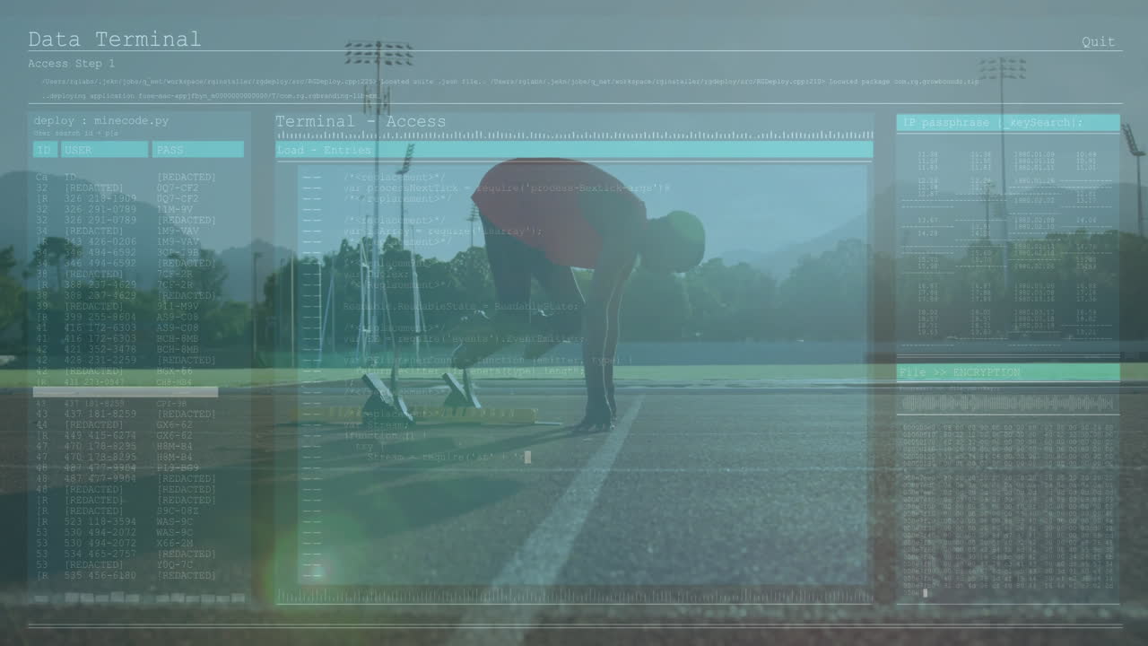 Data terminal access animation over athlete preparing to start on running track