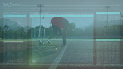 data terminal access animation over athlete preparing to start on running track