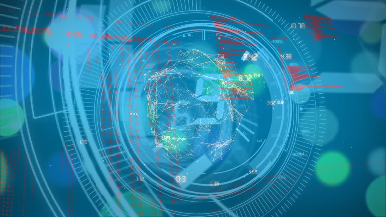 파란색 배경에 점으로 계산, 원 및 데이터 처리의 애니메이션