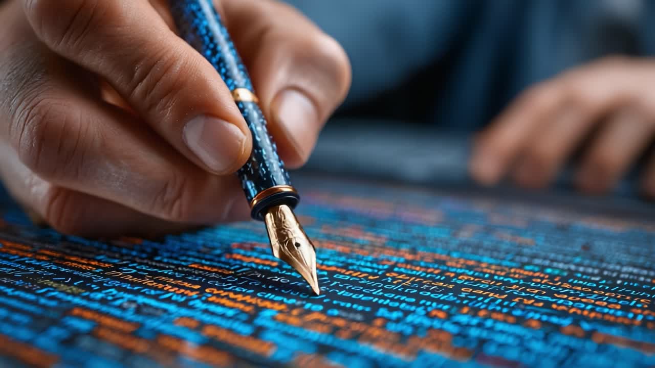 A Close-Up Shot of an Elegant Fountain Pen Writing on a Blue and Orange Coded Surface, Capturing the Art of Calligraphy and Technology in Perfect Harmony